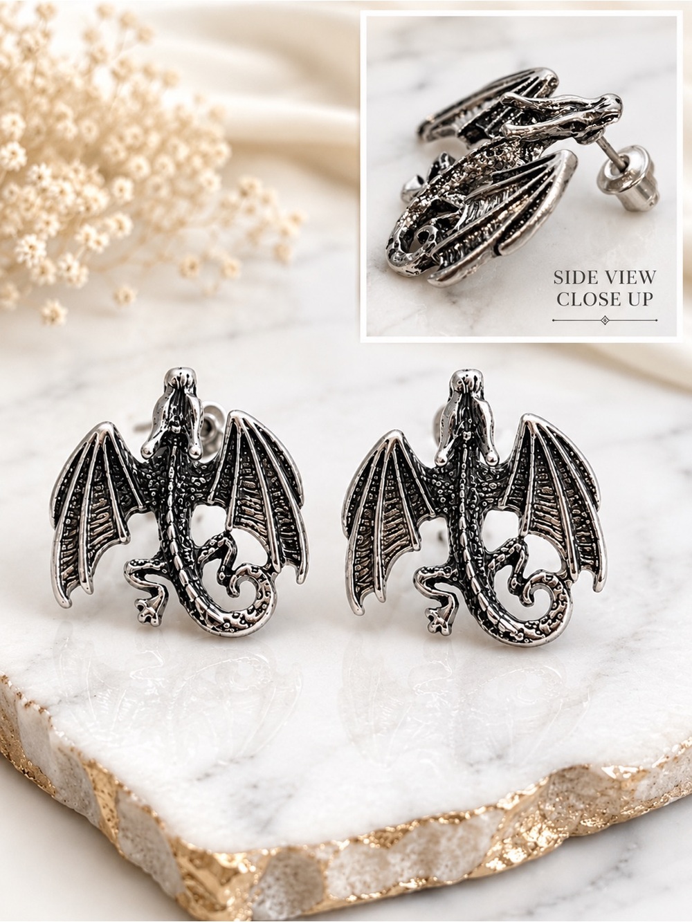 NEW Silver Tone Dragon Pierced Post Stud Earrings | Fantasy | D&D | Unisex